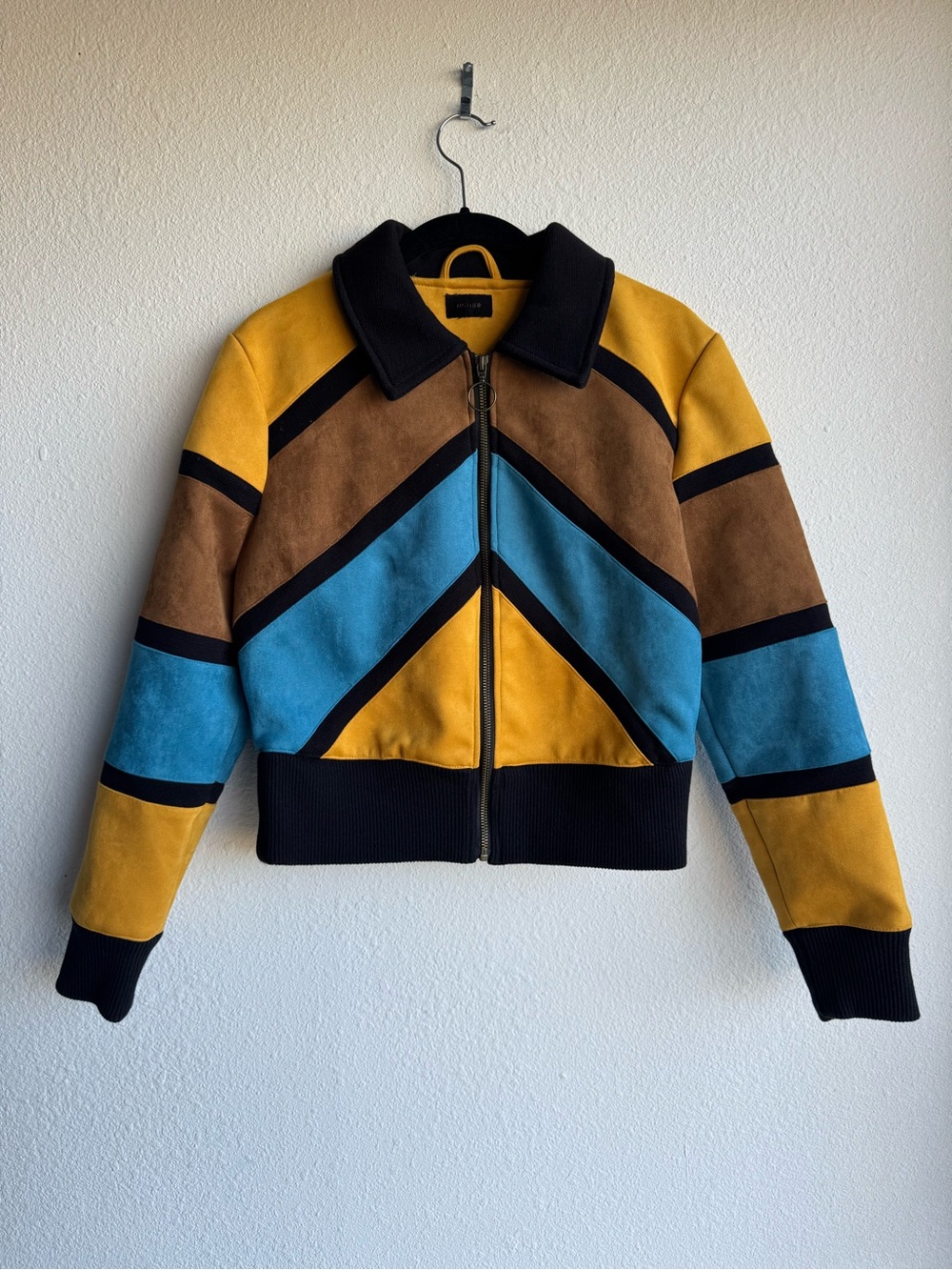 MOTHER Colorblock Faux Suede Bomber Jacket in Mustard, Brown & Teal